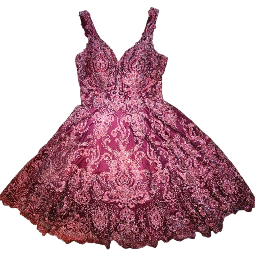 Camille La Vie dress fit & flare metallic burgundy rhinestones size 6